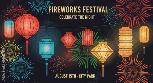 Fireworks Festival Celebration Night with Lanterns and Firecrackers