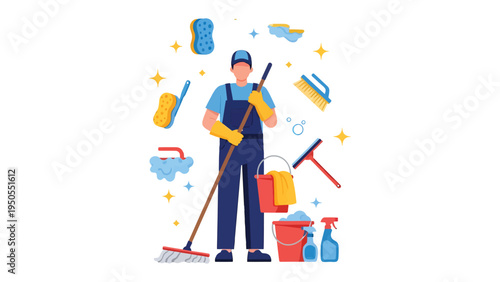 The Cleaning Maestro: A depiction of a cleaning professional surrounded by cleaning supplies, ready to sanitize and refresh any space.