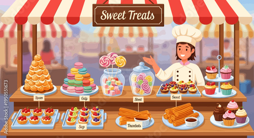 Happy Baker Selling Delicious Sweet Treats at Outdoor Market Stall