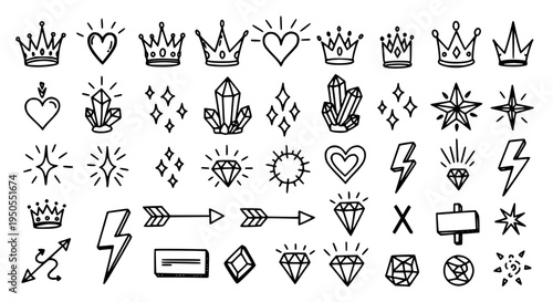 Arrows hand drawn set with black curved lines and crowns, hearts, diamonds, lightning bolts, and stars.