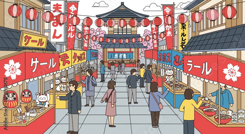 Japanese Street Festival with Stalls and Shoppers