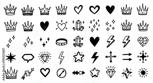 Crowns hand drawn set with black line art and royal symbols, including hearts, stars, and diamonds. featuring lightning