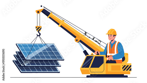 Solar Panel Installation: A construction worker skillfully maneuvers a crane to install solar panels, symbolizing the advancement of renewable energy and sustainable practices.