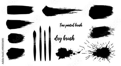 Brushes black set with fine printed and dry brush effects, strokes, splatters featuring painting tools, graphic design