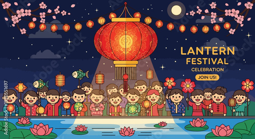 Happy Children Celebrate Lantern Festival with Colorful Lanterns and Lotuses