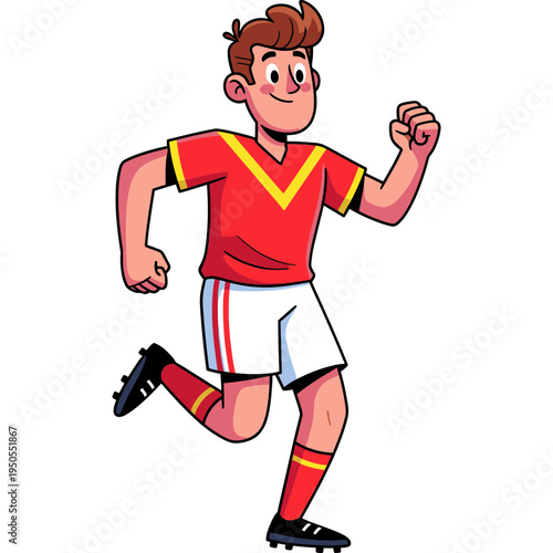 A boy wearing a red jersey runs quickly on a field.