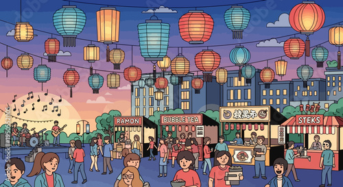 Night Market Festival with Lanterns, Food Stalls, and Live Music