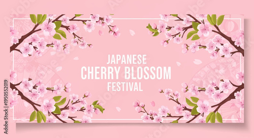 Japanese Cherry Blossom Festival Banner with Pink Flowers and Green Leaves