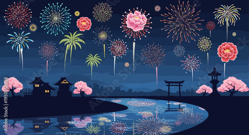 Pixel Art Fireworks Display Over Japanese Village River at Night