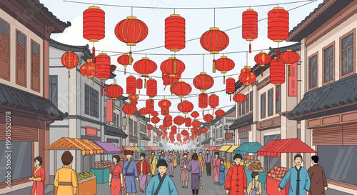 Traditional Chinese Street Market with Red Lanterns and Crowds