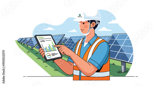 Solar Energy Analysis: An engineer in safety attire conducts analysis on tablet, standing before a vast array of solar panels, embodying innovation and sustainable power