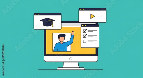 Online education platform on computer screen displays graduation and video