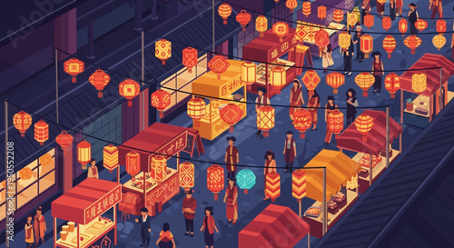 Pixel Art Night Market with Lanterns and Crowds