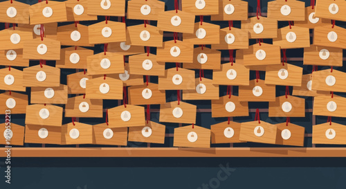 Japanese Ema Wishing Plaques Hung on a Rack at a Shrine