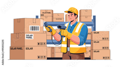 Solar Panel Warehouse: A worker meticulously scans boxes labeled solar panel in a structured warehouse environment, efficiently managing inventory with precision.