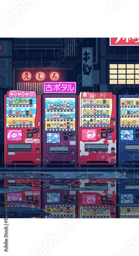 Retro pixel art vending machines in a futuristic, rainy city street at night