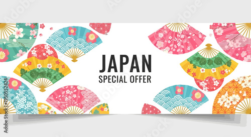 Japan Special Offer Banner with Traditional Fans and Cherry Blossoms