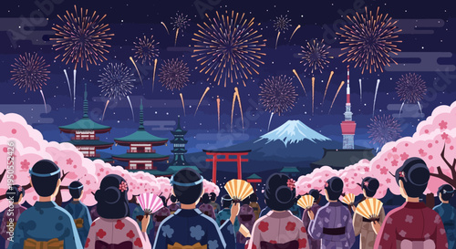 Japanese Festival: Fireworks, Cherry Blossoms, Mt. Fuji, Pagodas, People in Kimonos