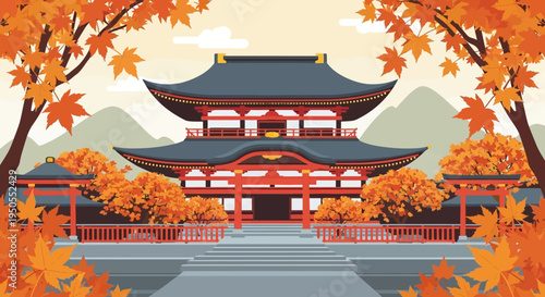 Japanese Temple in Autumn with Maple Leaves and Mountains
