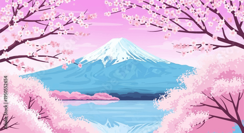 Pixel Art Mount Fuji Cherry Blossoms Lake Reflection Spring Scenery