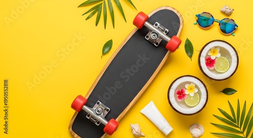 Skateboard and Refreshing Drinks on Yellow Background.