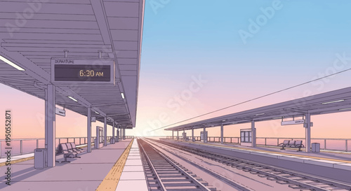 Sunrise at empty train station platform, pastel sky, serene morning commute concept