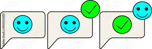 Set of stylized speech bubble icons with blue smiley faces and green checkmarks, symbolizing approval, feedback, communication, and positive interaction in modern design.