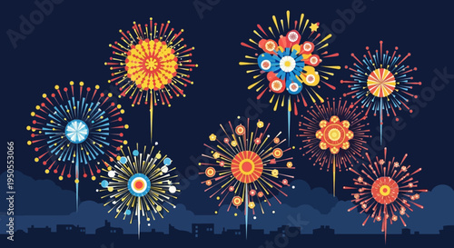 Colorful Fireworks Display Over City Skyline at Night