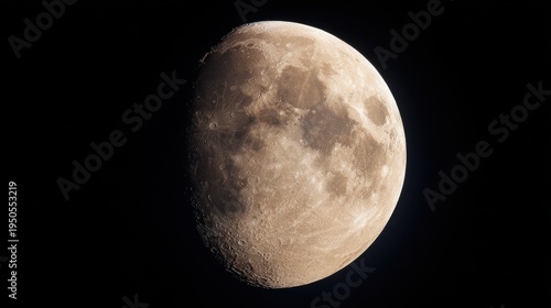 Detailed close up of the waxing gibbous moon phase against black background
