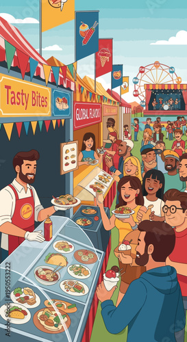 People enjoying food at a vibrant outdoor festival food stall with Ferris wheel.