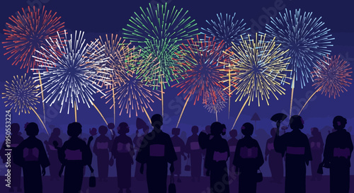 Vibrant Fireworks Display Over Silhouetted Crowd Enjoying Summer Festival