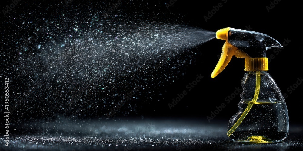 Naklejka premium Clear plastic spray bottle spraying mist on black background
