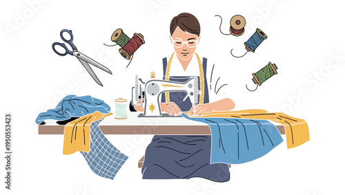 Artisan's Craft: A skilled tailor meticulously working at their sewing machine, bringing fabric to life with precision and artistry. A symphony of needles, threads, and fabric. 