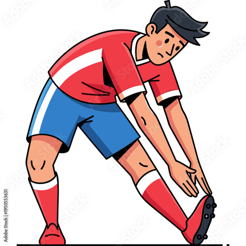 Soccer player stretches before game on field with ball