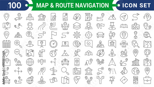 Map & Route Navigation icons in line style. Navigation, location, route map, traffic, pin, collection. Editable stroke. Vector illustration.