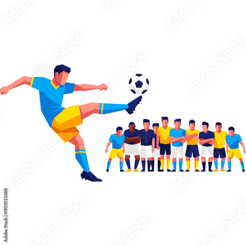 Soccer player kicks ball with teammates standing behind him in stadium