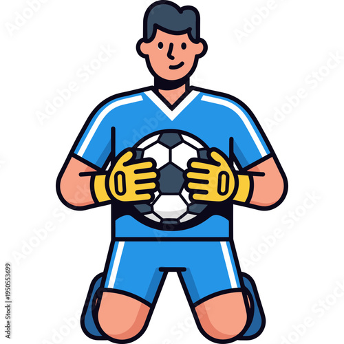 Man kneeling and holding soccer ball in hands wearing gloves