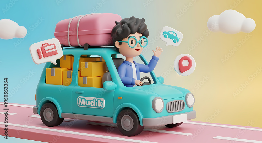 Fototapeta premium Animated Character Driving a Car Loaded with Luggage and Parcels ramadhan kareem