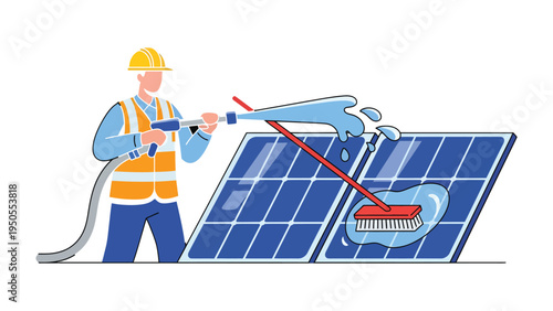Solar Panel Cleaning Technician: A skilled technician diligently cleans solar panels with specialized equipment. A close-up shot focuses on the process.