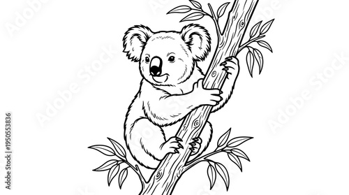 Koala bear climbing a tree branch.