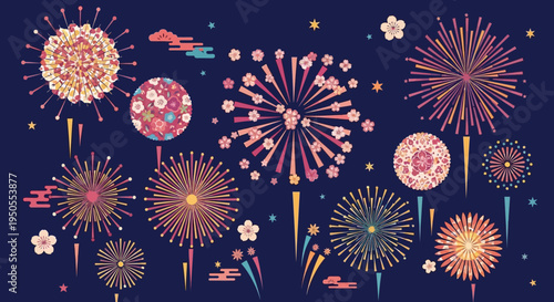 Vibrant Japanese Fireworks Display on Dark Blue Sky, Cherry Blossom Motifs