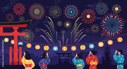 Japanese festival with fireworks and people in yukata watching