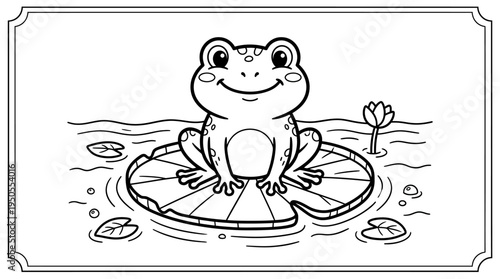 Smiling Frog Sitting on Lily Pad.