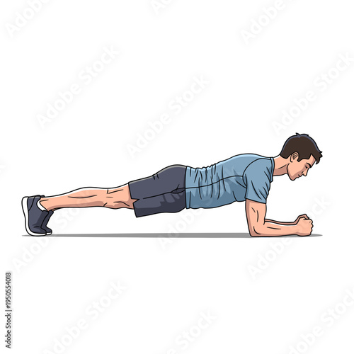 A man in athletic wear performing a plank exercise on a white background, demonstrating core strength and fitness.