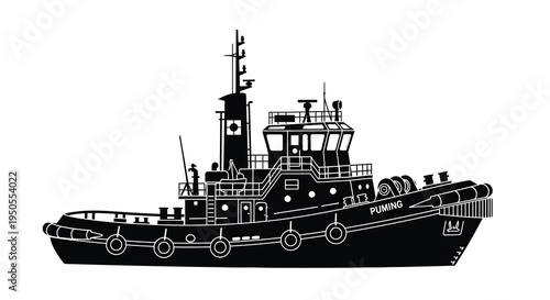 A striking black and white silhouette depicts a robust tugboat sailing on calm waters showcasing its powerful design