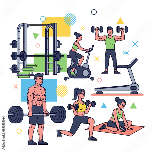 Diverse group of individuals engaging in various workout activities and using different gym equipment in a modern fitness center illustration.