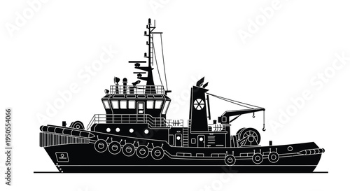 A detailed black and white silhouette showcases a powerful tugboat featuring its superstructure deck and functional maritime design