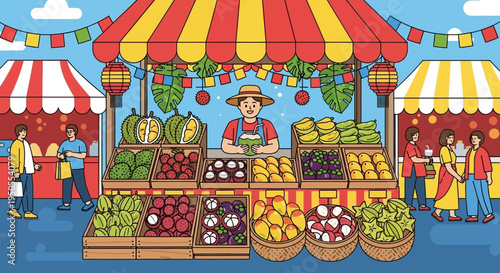 Vibrant Outdoor Market Scene with Fresh Produce and Happy Shoppers