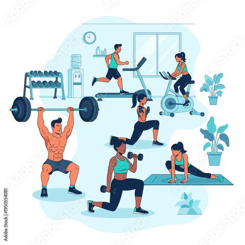 Diverse group of people exercising in a modern gym, engaging in various fitness activities like weightlifting, cardio, and stretching.