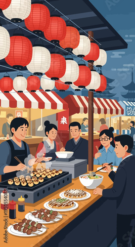 Japanese street food stall at night with lanterns and happy customers enjoying local delicacies.